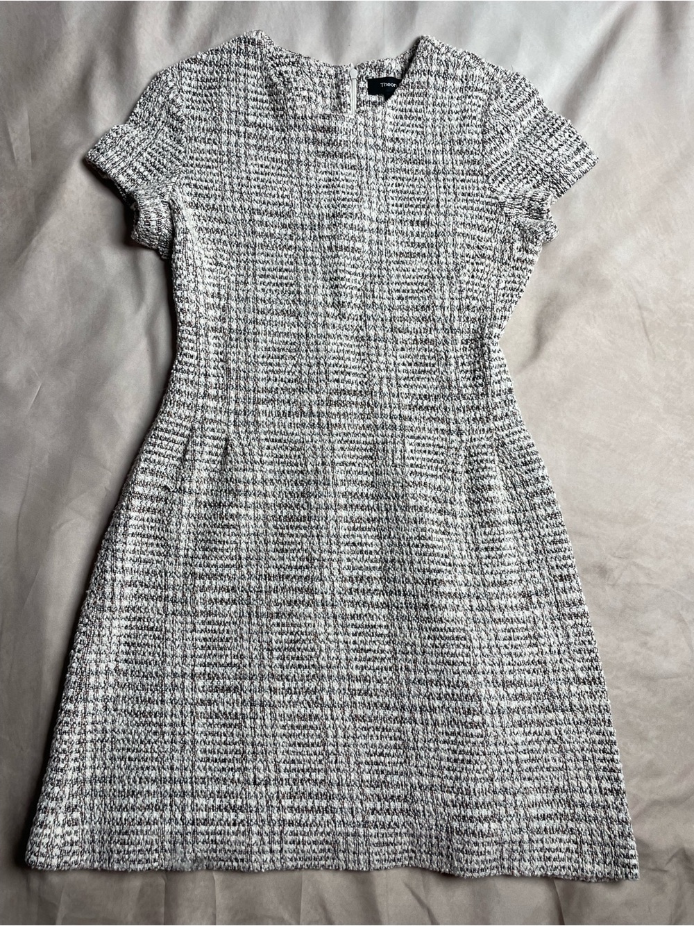 Theory Ivory and Black Tweed Short-Sleeve Fit & Flare Dress - Picture 13 of 13